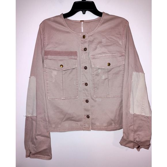 Free People Jackets & Blazers - Free People Rumors Denim Jacket Mauve Pink Utility Distressed Patchwork Large